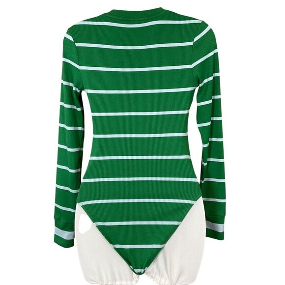 La Ligne X Target Green Light Blue Striped LS V-Neck Button-Front Bodysuit XS - Picture 3 of 7